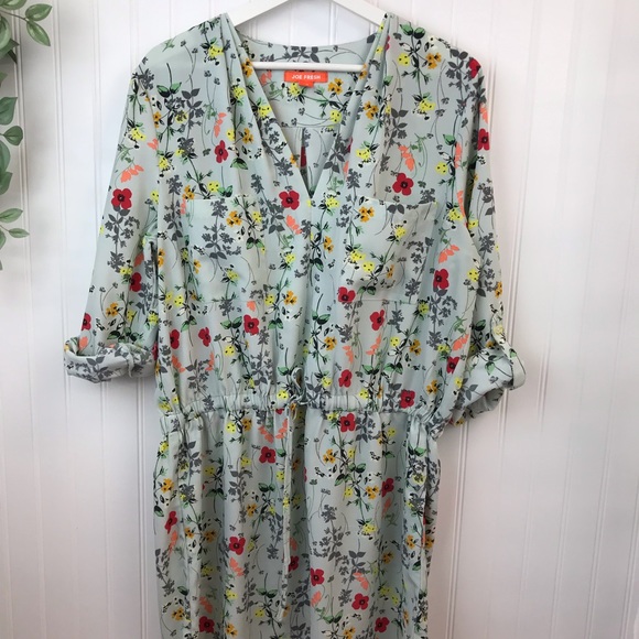 Joe Fresh Green & Red Bright Floral Dress with Roll-Up Sleeves for Spring, SZ L - Picture 3 of 16